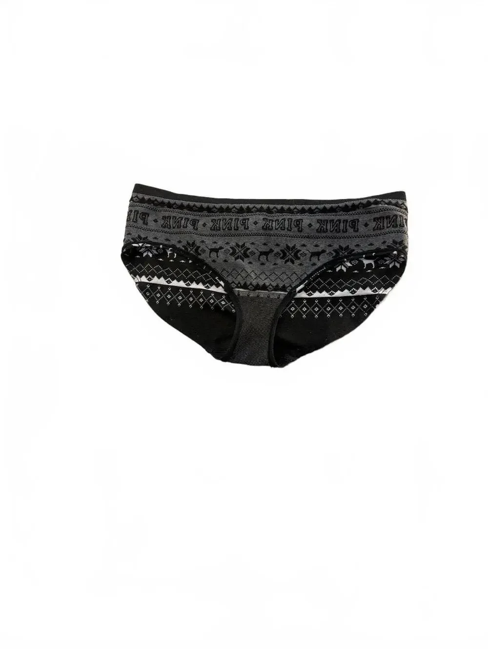Large Victoria's Secret PINK Black Grey Fair Isle Bikini Panties